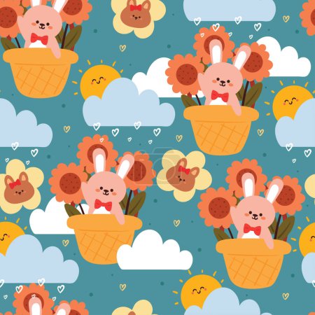 Illustration for Seamless pattern cartoon bunny inside a basket with sky element. cute animal wallpaper for textile, gift wrap paper - Royalty Free Image