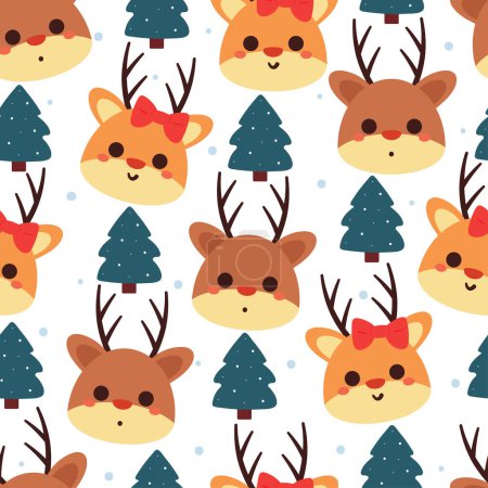 Ilustración de Patrón inconsútil de dibujos animados ciervos con árbol de Navidad y elemento de Navidad. Lindo fondo de pantalla de Navidad para tarjeta, papel de regalo - Imagen libre de derechos