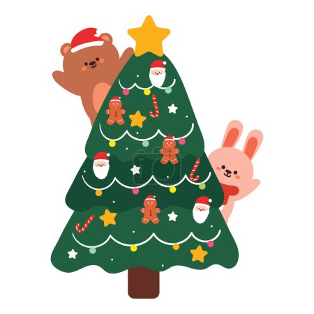 Illustration for Simple green Christmas tree with colorful accessories. cute Christmas tree sticker - Royalty Free Image