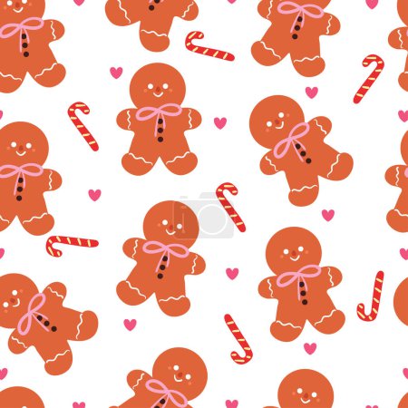Ilustración de Patrón sin costuras de dibujos animados pan de jengibre y dulces para Navidad. Lindo fondo de pantalla de Navidad para tarjeta, papel de regalo - Imagen libre de derechos