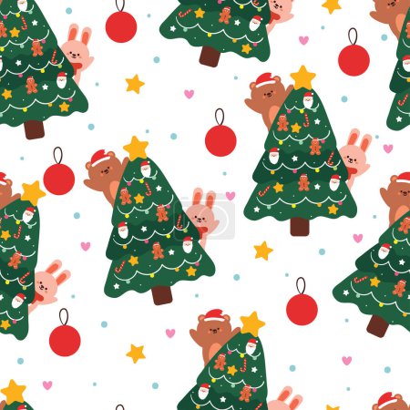 Illustration for Seamless pattern cartoon bear and bunny with Christmas tree and Christmas element. Cute Christmas wallpaper for card, gift wrap paper - Royalty Free Image