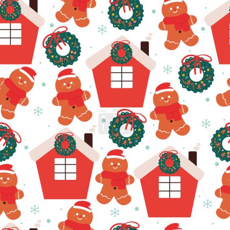 Illustration for Seamless pattern cartoon ginger bread and candy for Christmas. Cute Christmas wallpaper for card, gift wrap paper - Royalty Free Image