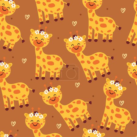 Téléchargez les illustrations : Motif sans couture girafe de dessin animé et fleurs. papier peint animal mignon pour textile, papier d'emballage cadeau - en licence libre de droit