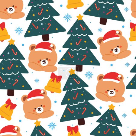 Téléchargez les illustrations : Motif sans couture ours dessin animé avec arbre de Noël et élément de Noël. Papier peint de Noël mignon pour carte, papier cadeau - en licence libre de droit