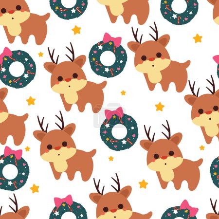 Illustration for Seamless pattern cartoon deer with Christmas wreath and Christmas element. Cute Christmas wallpaper for card, gift wrap paper - Royalty Free Image