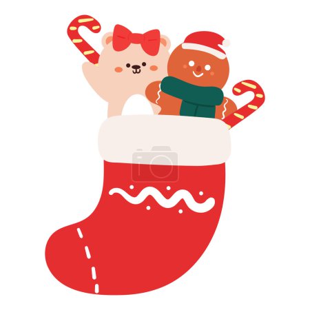 Téléchargez les illustrations : Dessin à la main ours dessin animé et pain d'épice à l'intérieur d'une chaussette de Noël - en licence libre de droit