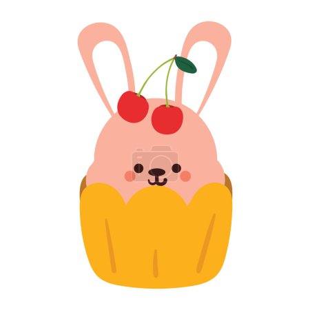 Ilustración de Hand drawing cartoon cupcake with bunny and cherry. cute food and animal doodle for icon and sticker - Imagen libre de derechos