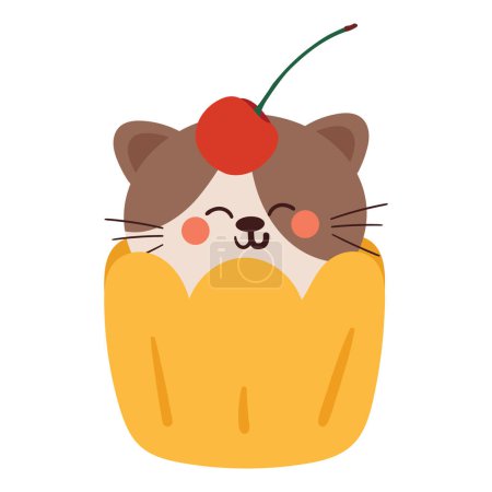 Téléchargez les illustrations : Mignon dessin à la main chat dessin animé à l'intérieur d'une tasse de cupcake. mignon chat doodle - en licence libre de droit