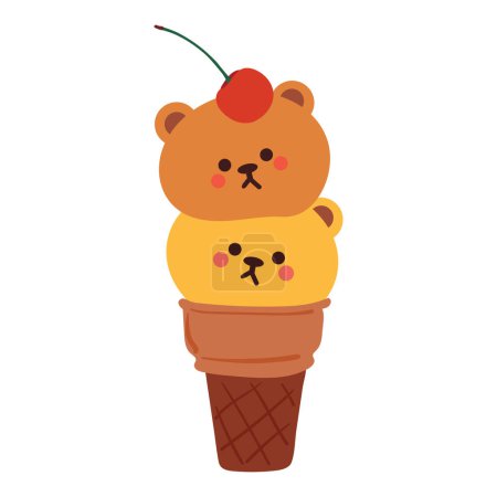 Téléchargez les illustrations : Dessin à la main crème glacée dessin animé avec design ours. dessin animé dessert mignon - en licence libre de droit