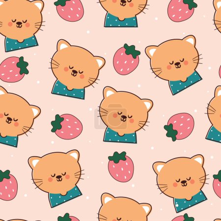 Illustration for Seamless pattern cartoon cat and strawberry. cute animal wallpaper illustration for gift wrap paper - Royalty Free Image