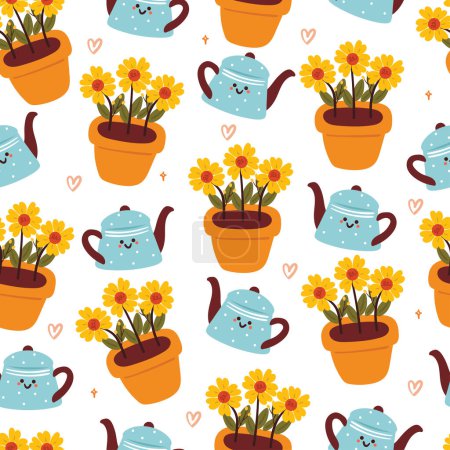 Illustration for Seamless pattern cartoon flower pot and water can character. botanical wallpaper for textile, gift wrap paper - Royalty Free Image