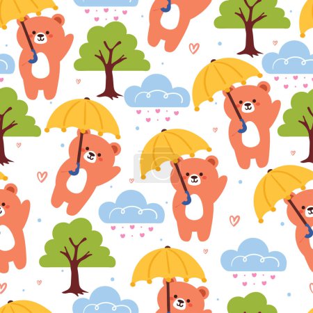 Téléchargez les illustrations : Motif sans couture ours dessin animé avec parapluie et plante et arbre. papier peint mignon pour textile, papier d'emballage cadeau - en licence libre de droit