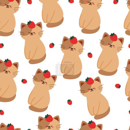 Téléchargez les illustrations : Motif sans couture chat dessin animé et fraise. illustration de papier peint animal mignon pour papier cadeau - en licence libre de droit