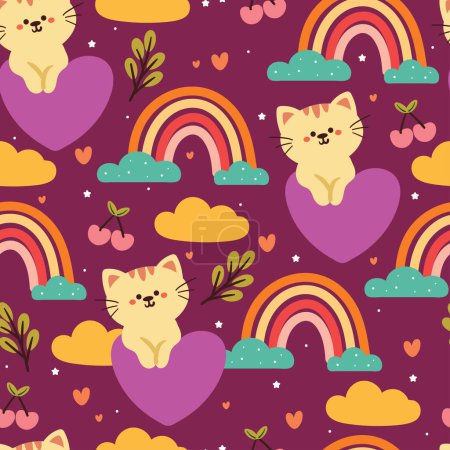 Illustration for Seamless pattern cartoon cat with plant and sky element. cute animal wallpaper for textile, gift wrap paper - Royalty Free Image