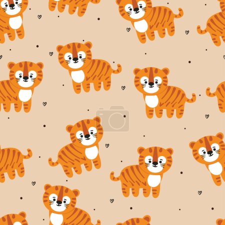 Téléchargez les illustrations : Motif sans couture dessin animé tigres mignon animal papier peint illustration pour papier cadeau emballage - en licence libre de droit