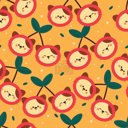 Ilustración de Patrón sin costuras gato de dibujos animados con cereza. lindo fondo de pantalla animal para textiles, papel de regalo - Imagen libre de derechos