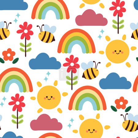 Illustration for Seamless pattern cartoon bee with plant and sky element. cute animal wallpaper for textile, gift wrap paper - Royalty Free Image