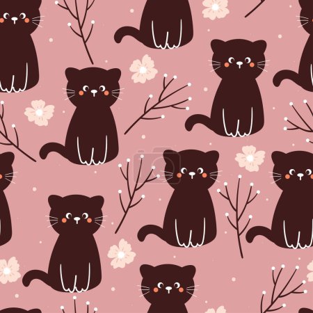 Illustration for Seamless pattern cartoon cat and flower. cute animal wallpaper for textile, gift wrap paper - Royalty Free Image