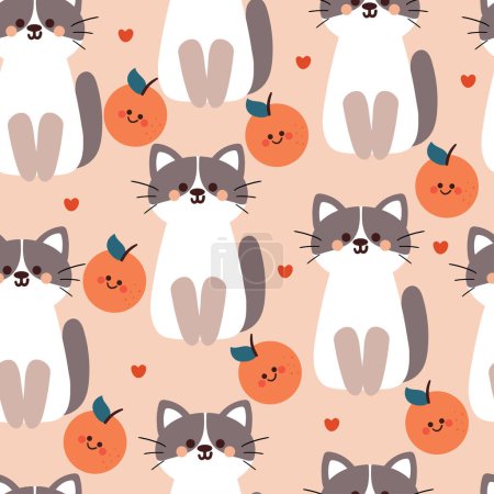 Ilustración de Patrón sin costuras gato de dibujos animados y naranja. ilustración de fondo de pantalla animal lindo para papel de regalo - Imagen libre de derechos