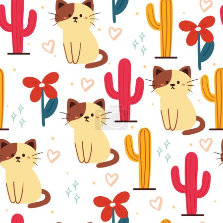 Illustration for Seamless pattern hand drawing cartoon cat with cactus and flower. animal drawing for fabric print, textile, gift wrap paper - Royalty Free Image