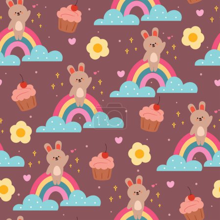 Illustration for Seamless pattern cartoon bunny with cupcake and sky element. cute animal wallpaper for textile, gift wrap paper - Royalty Free Image
