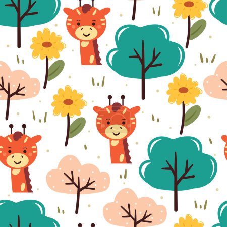 Téléchargez les illustrations : Motif sans couture girafe dessin animé avec fleur, plante et arbre. papier peint animal mignon pour textile, papier d'emballage cadeau - en licence libre de droit