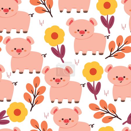 Illustration for Seamless pattern cartoon pig with plant and flower. cute animal wallpaper for textile, gift wrap paper - Royalty Free Image
