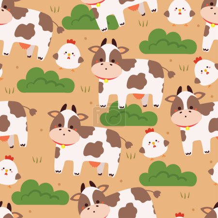 Ilustración de Patrón sin costuras vaca de dibujos animados con pollo y planta. ilustración de fondo de pantalla de granja animal lindo para papel de regalo - Imagen libre de derechos