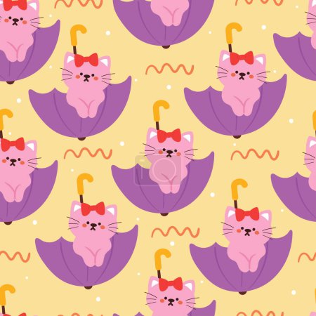 Illustration for Seamless pattern cartoon cat playing with umbrella. cute animal wallpaper with sky element, umbrella - Royalty Free Image