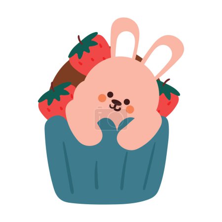Téléchargez les illustrations : Dessin à la main cupcake dessin animé avec lapin et fraise. nourriture mignonne et doodle animal pour icône et autocollant - en licence libre de droit