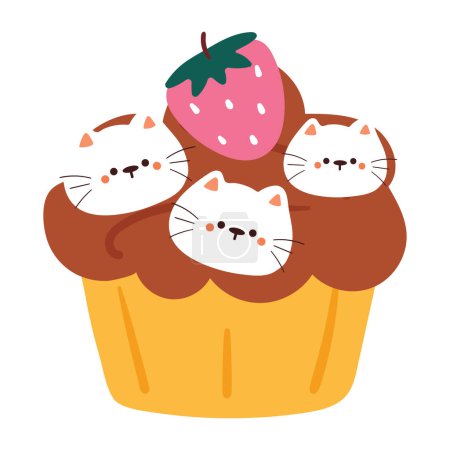 Ilustración de Dibujo a mano cupcake de dibujos animados con gato y fresa. comida linda y garabato animal para icono y pegatina - Imagen libre de derechos