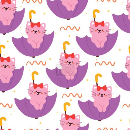 Illustration for Seamless pattern cartoon cat playing with umbrella. cute animal wallpaper with sky element, umbrella - Royalty Free Image