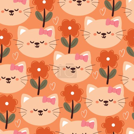 Ilustración de Patrón inconsútil de dibujos animados gato y flor. lindo fondo de pantalla animal para textiles, papel de regalo - Imagen libre de derechos