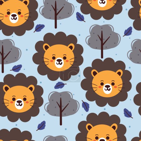 Illustration for Seamless pattern cartoon lion with tree and leaves. cute animal wallpaper illustration for gift wrap paper - Royalty Free Image