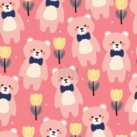 Ilustración de Patrón sin costuras oso de dibujos animados y flor. lindo fondo de pantalla para textiles, papel de regalo - Imagen libre de derechos