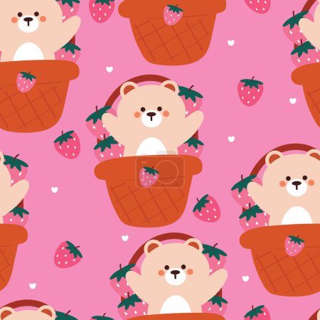 seamless pattern cartoon bear and strawberry inside a basket. cute animal wallpaper illustration for gift wrap paper