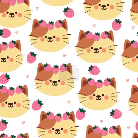 seamless pattern cartoon cat with strawberry. cute animal wallpaper illustration for gift wrap paper