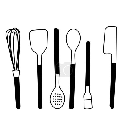 Illustration for Enhance your kitchen-themed designs with this versatile vector set of essential kitchen utensils, including a whisk, slotted spoon, regular spoon, basting brush, and two mini spatulas. - Royalty Free Image