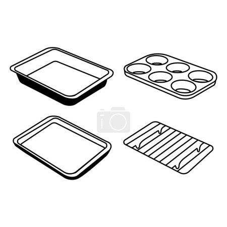 Una versátil ilustración vectorial en blanco y negro de un juego de hornos para hornear, que incluye un estante de enfriamiento, una bandeja para galletas, un molde para pasteles y una bandeja para magdalenas. Ideal para diseños culinarios y proyectos temáticos de cocina.