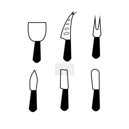Ilustración de Juego de vectores de cuchillos y herramientas de queso: una colección de vectores con varios cuchillos y herramientas de queso, incluidos cuchillos Campana, cuchillos de hoja abierta, tenedores de queso, cuchillos de coco, cuchillos de avión y cuchillos de esparcidor. - Imagen libre de derechos