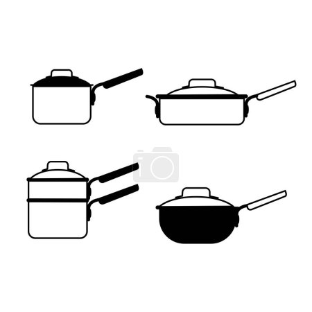 Téléchargez les illustrations : Un ensemble vectoriel complet comprenant des casseroles et des casseroles, y compris une casserole, une casserole, une double chaudière et un saucier, pour des conceptions culinaires et de cuisine. - en licence libre de droit