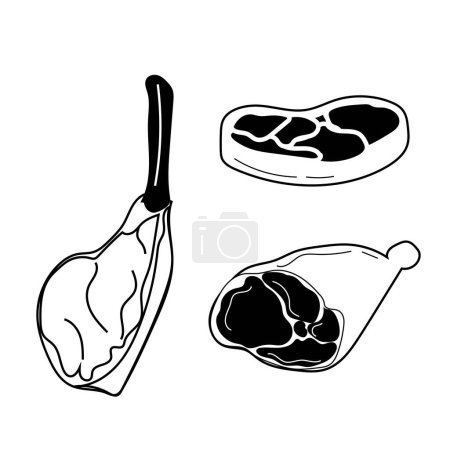 Prime Rib, Beef Steak & Parma Ham | Vector Lineart - Black | Sizzle up your designs with this mouthwatering black vector lineart of prime rib, beef steak, and Parma ham. Perfect for adding a savory touch to your projects.