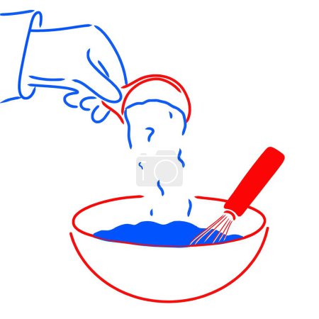 Baking Fun: Hand Pouring Flour & Whisk in Bowl (Red & Blue) Vector