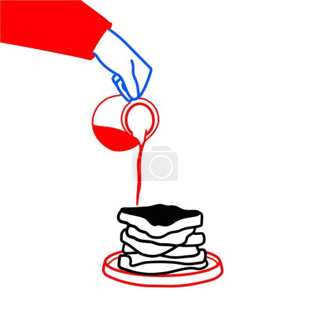 Hand Vector Pouring Syrup on Stack of Bread Illustration