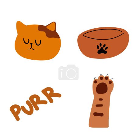 Cozy Cat Nap: Orange Cat Illustration with Pet Bowl | Cute Artwork and Paw Print