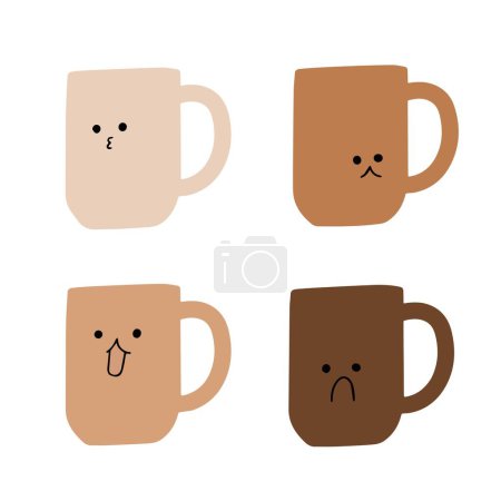 Tazas de café de tonos marrones con expresiones de carácter