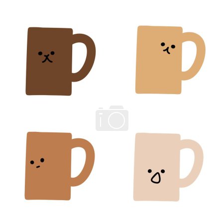 Cute Coffee Mugs with Expressive Faces Vector Illustration