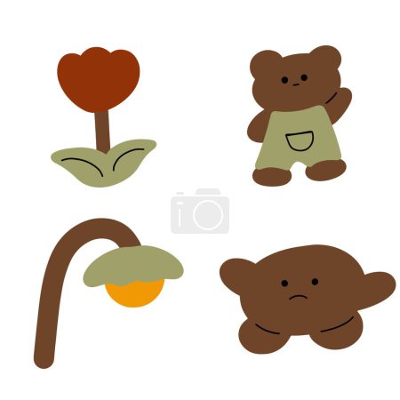Childrens Illustration: Bedtime with Adorable Teddy Bear, Flower and Lamp