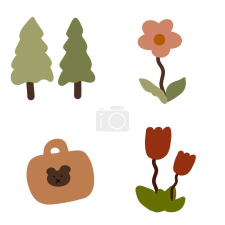 Colorful Spring Illustration with Bag, Flowers and Trees