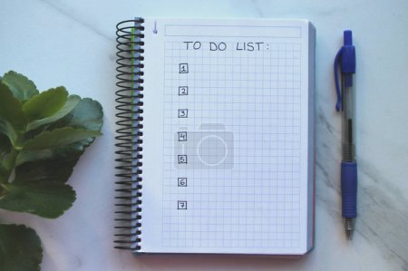 Empty to do list in notebook with a pen and a plant seen from above